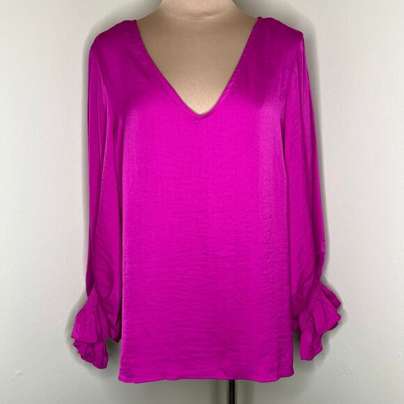 Prelude Blouse Large Womens Magenta Pink V-Neck Top Balloon Sleeve Ruffle Chic - Picture 1 of 8